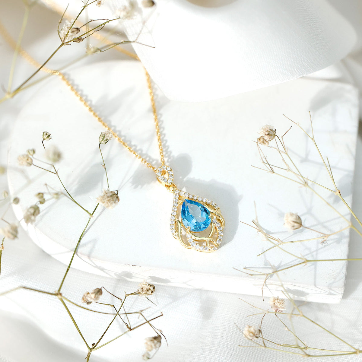 Rosec Jewels 2.2 Carat Swiss Blue Topaz pendant with lab diamond, elegant designer wedding necklace in a close-up view.