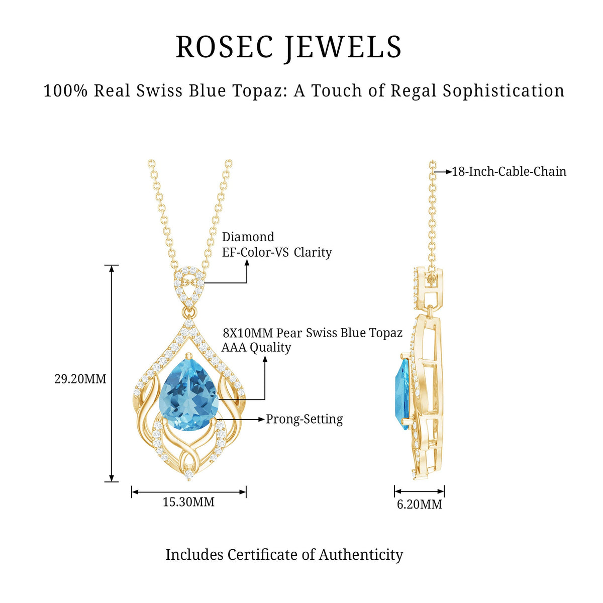 Swiss Blue Topaz pendant with lab diamond, 2.2 carats, designer wedding jewelry by Rosec Jewels, elegant and sparkling.