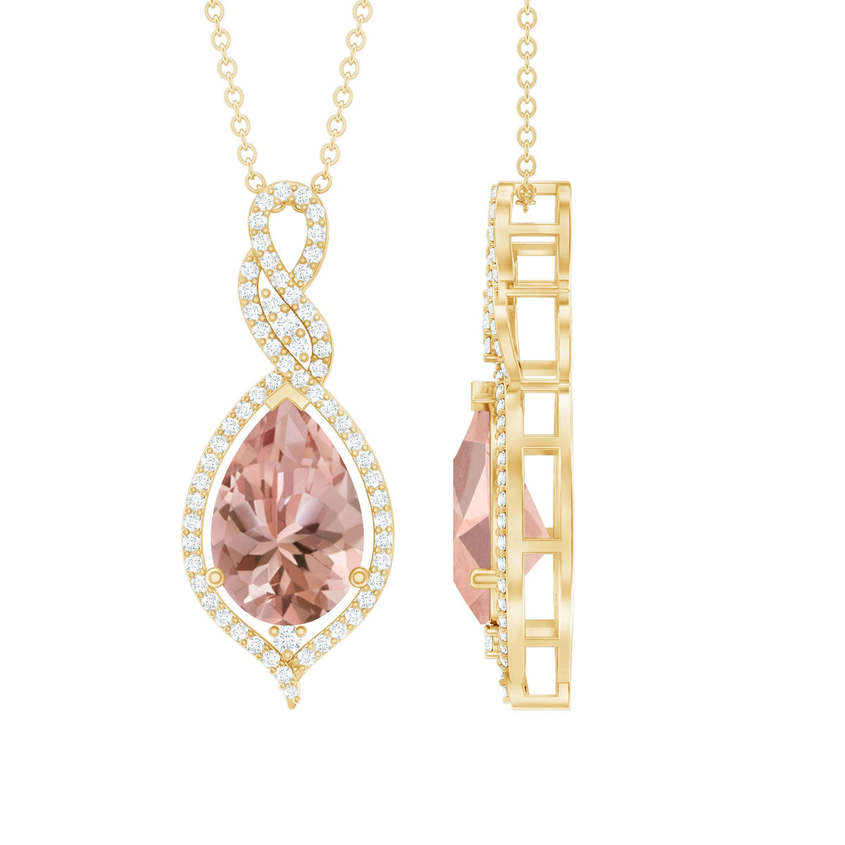 Certified 1.75 carat Morganite teardrop pendant with diamonds, featuring a delicate rose gold chain and elegant jewelry design.