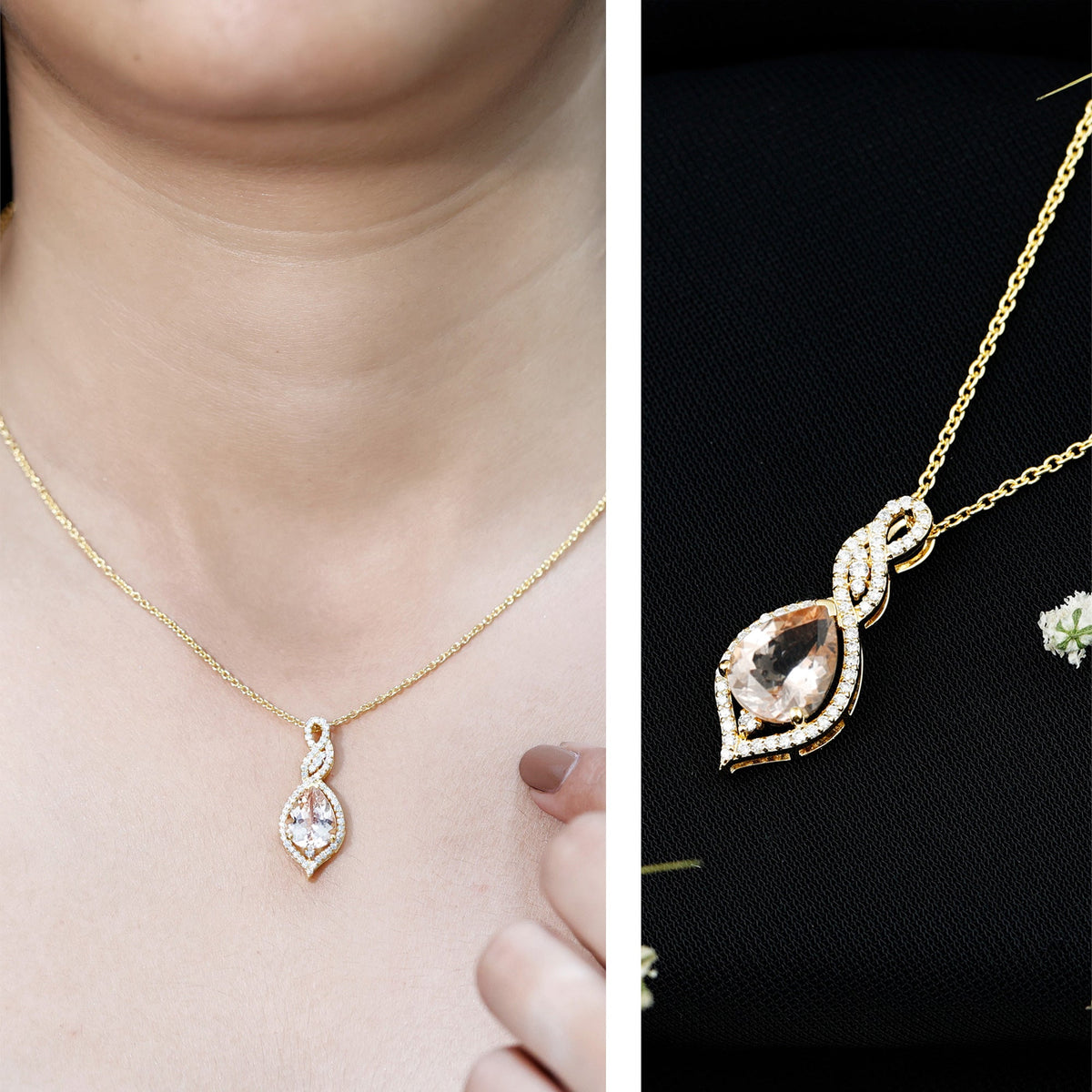 Certified 1.75 carat Morganite teardrop pendant necklace with diamonds by Rosec Jewels, featuring a delicate elegant design.