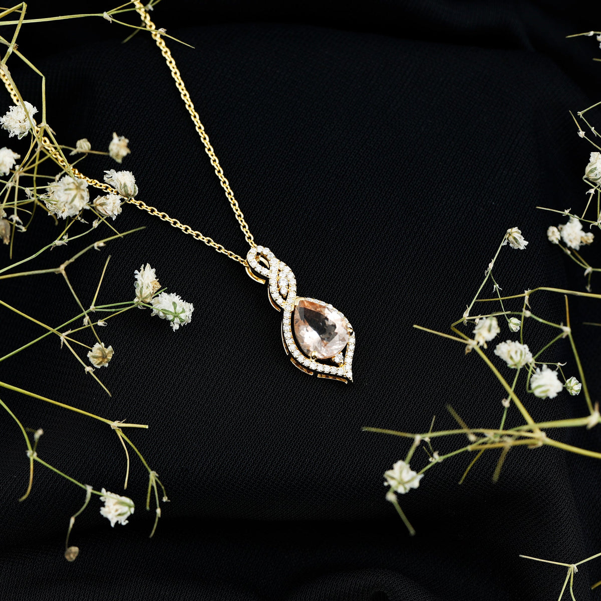Certified 1.75 carat Morganite teardrop pendant necklace with diamond accents, featuring a Rosec Jewels pendant design.