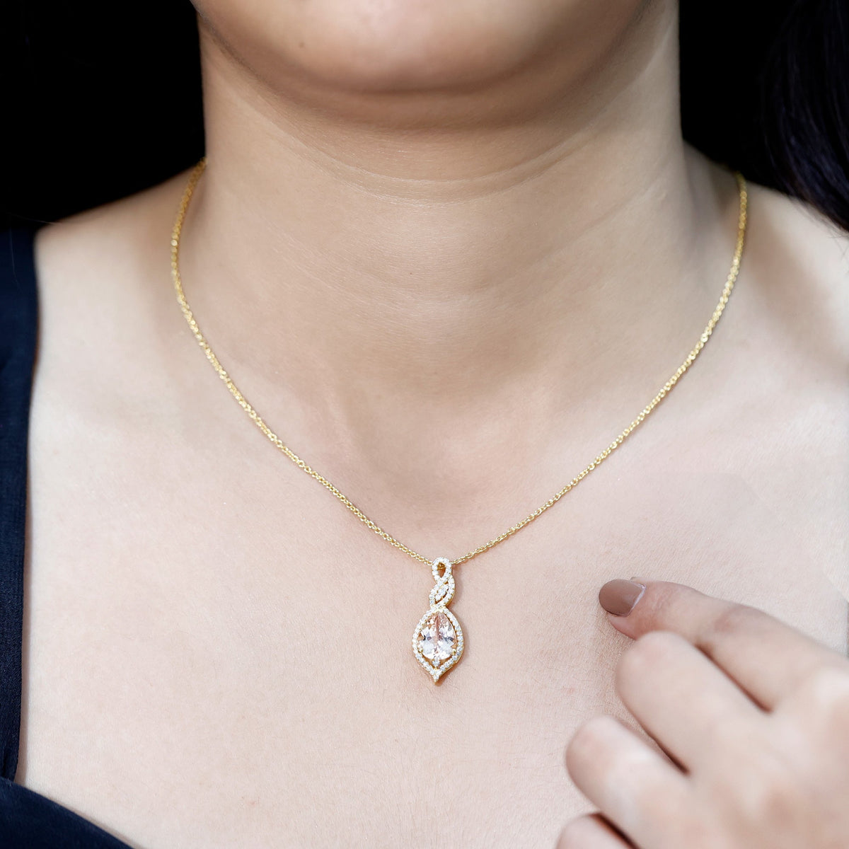 Certified 1.75 carat Morganite teardrop pendant with diamond accents, elegant jewelry from Rosec Jewels.