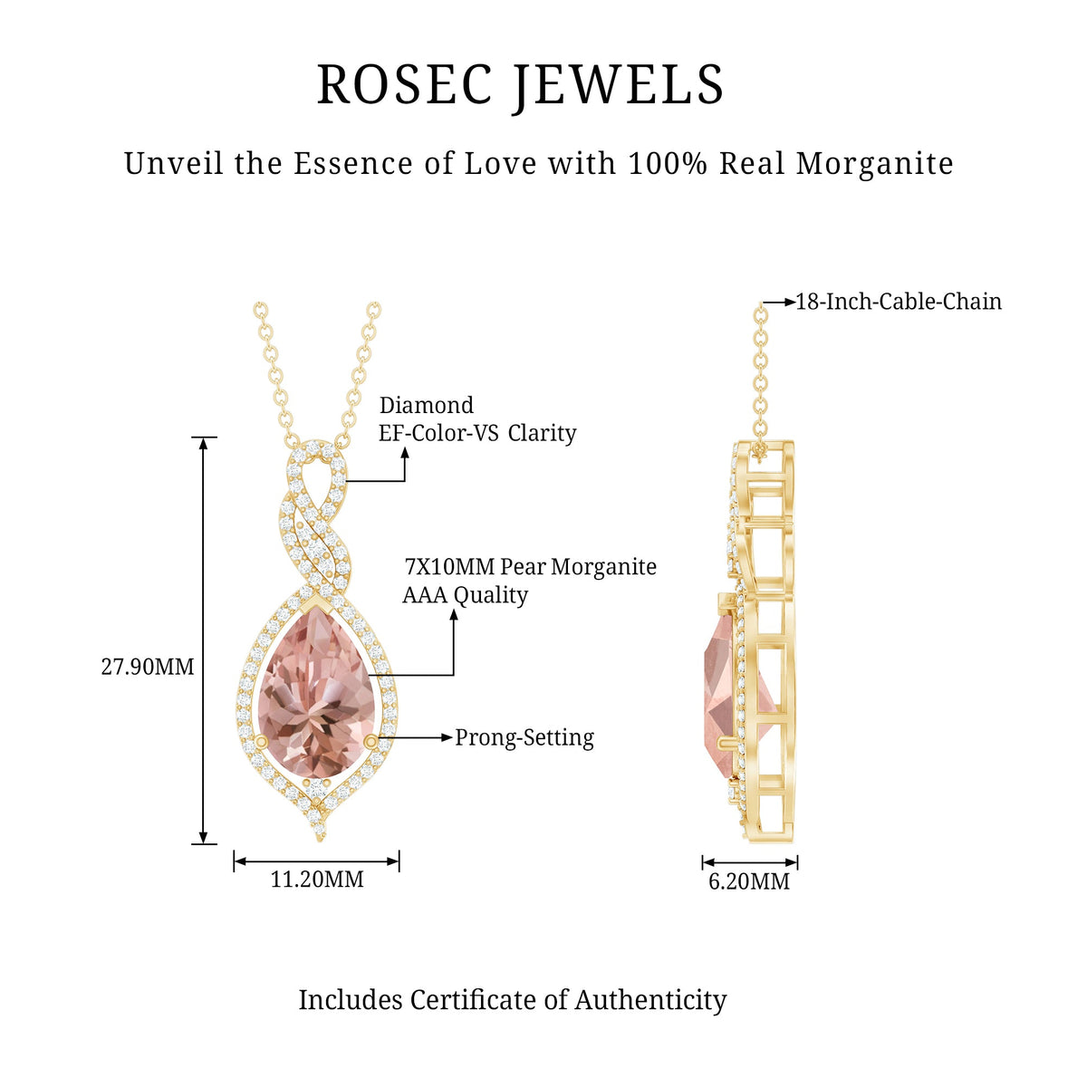 Certified 1.75 carat Morganite teardrop pendant with diamond accents from Rosec Jewels, showcasing elegant jewelry design.