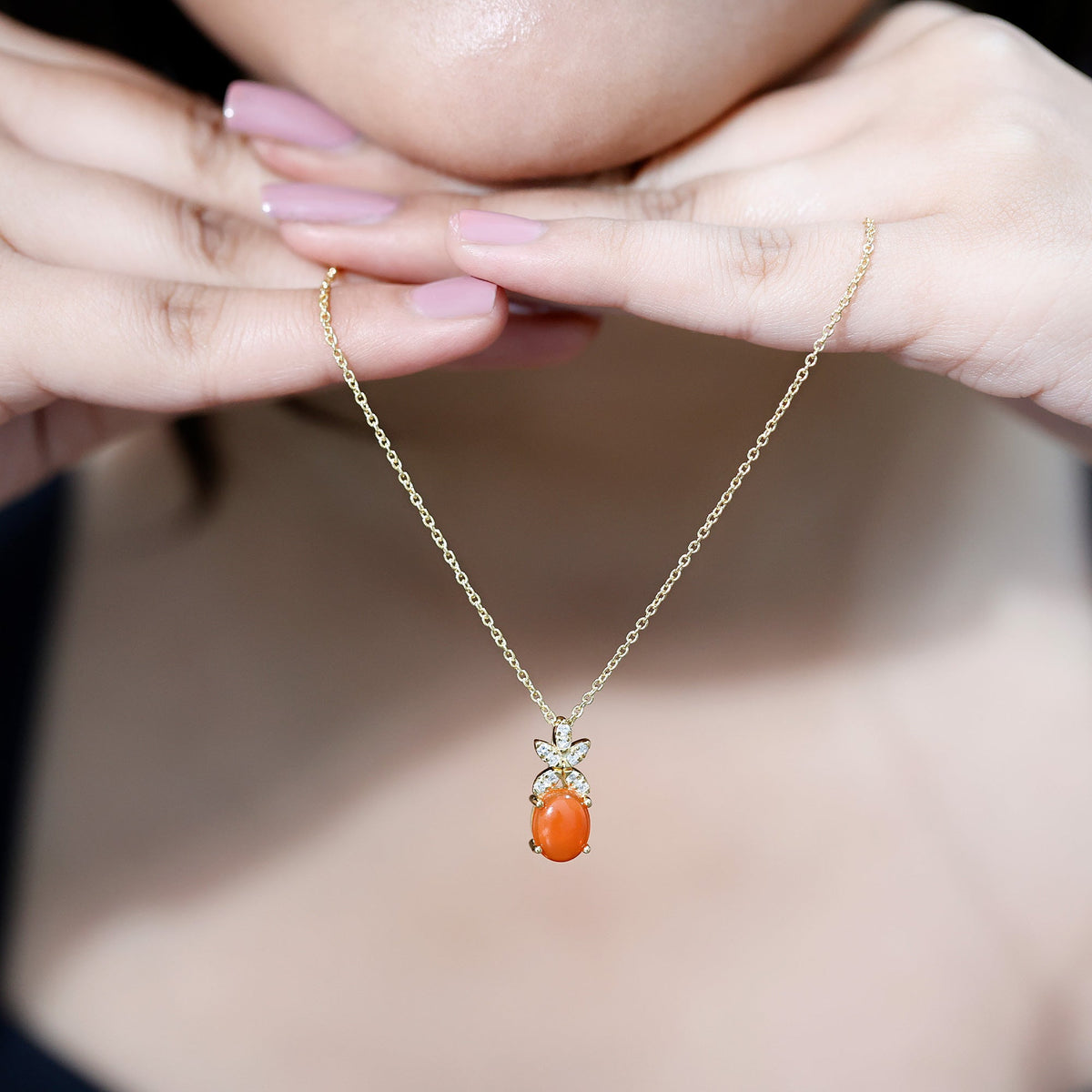 Certified 2.2 carat fire opal pendant necklace with diamond flower detail, featuring a Rosec Jewels pendant on a delicate chain.