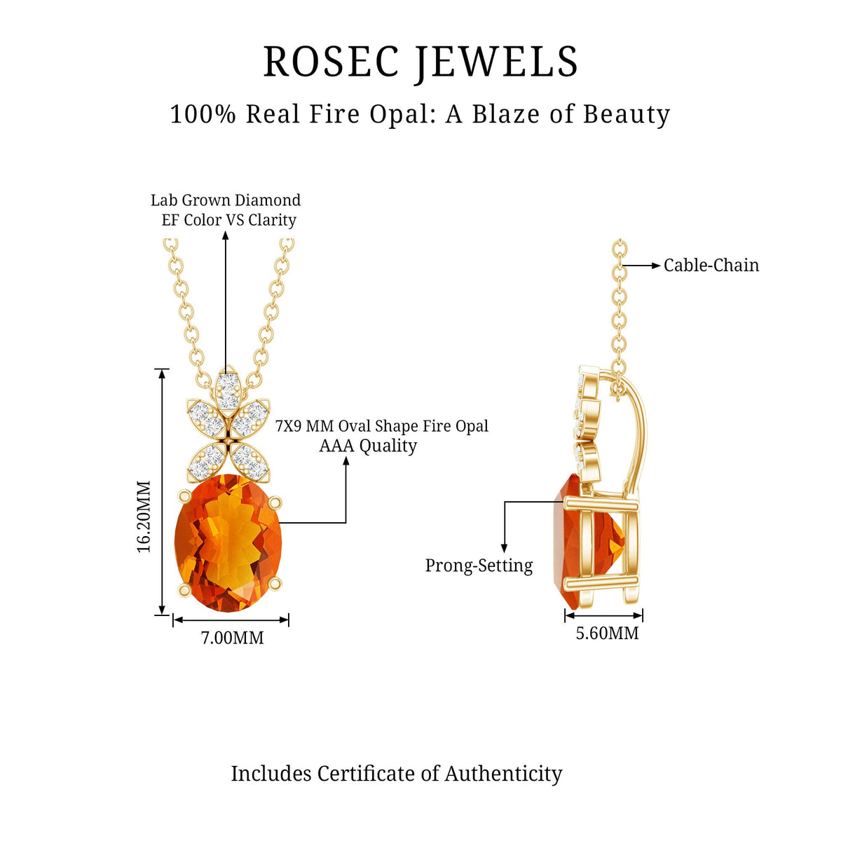 Certified 2.2 carat fire opal pendant necklace with diamond flower detail, crafted by Rosec Jewels.