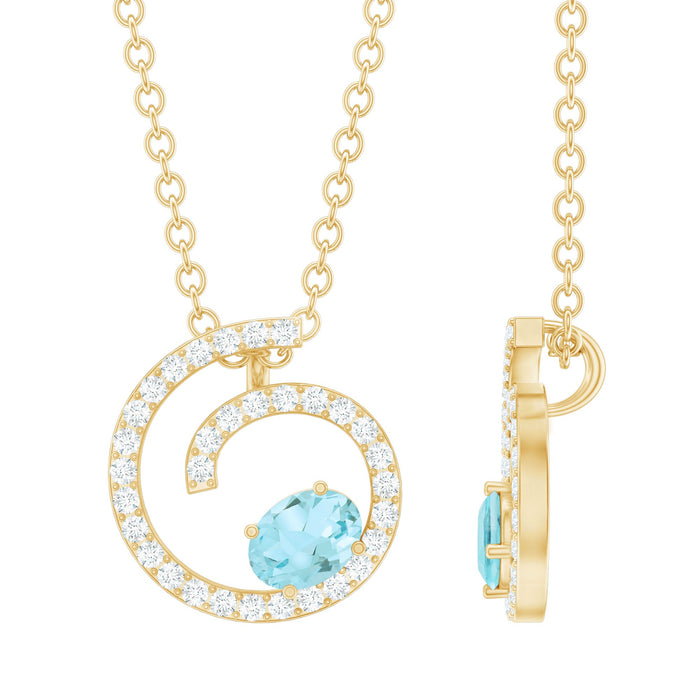 Sky blue topaz and diamond swirl pendant necklace with silver chain by Rosec Jewels, featuring a vibrant topaz gemstone and sparkling diamonds.
