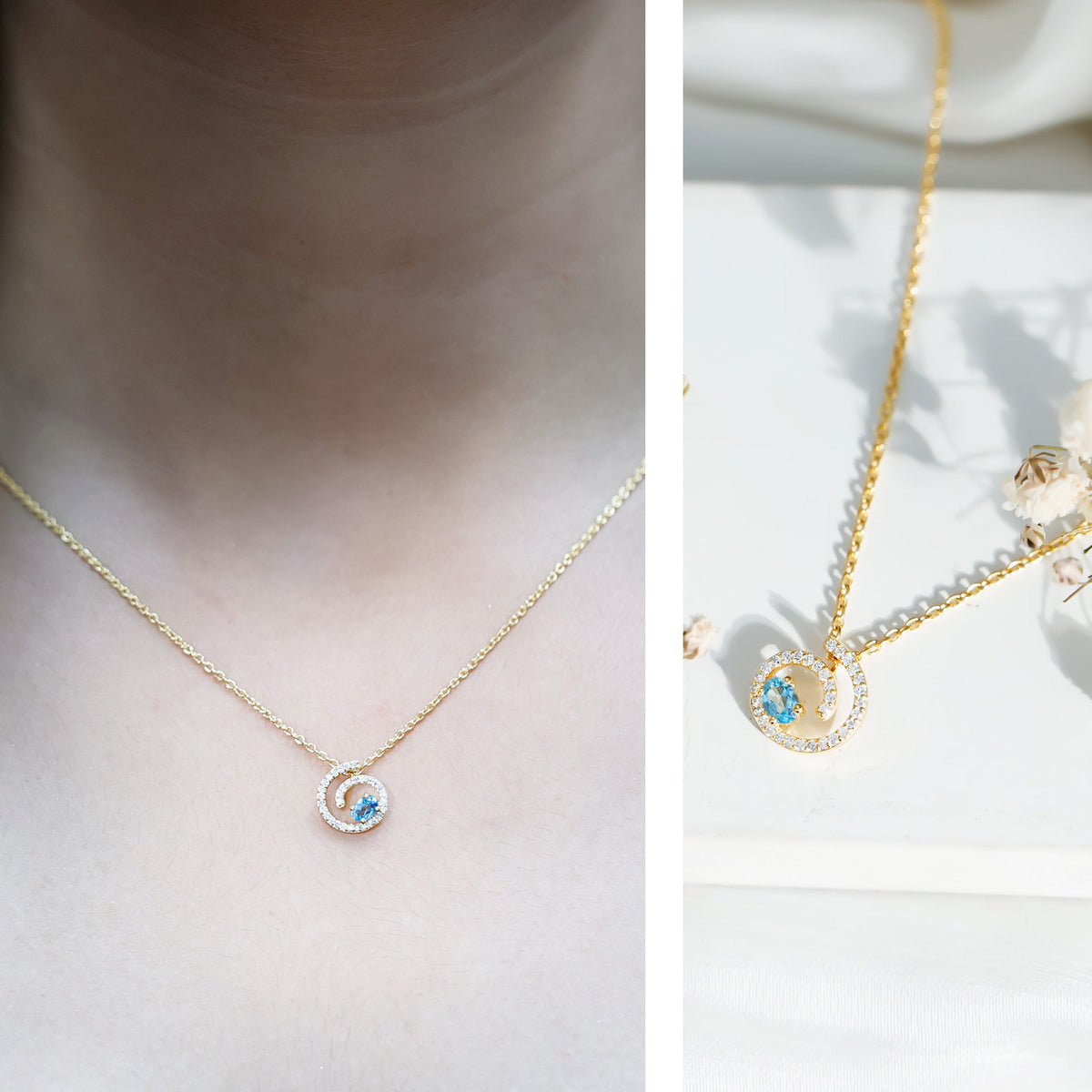 Sky blue topaz and diamond swirl pendant on silver chain, elegant jewelry by Rosec Jewels, showcasing fine craftsmanship.