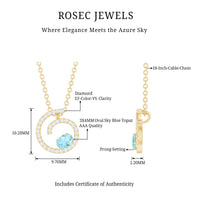 Sky blue topaz and diamond swirl pendant necklace with silver chain by Rosec Jewels, featuring a sparkling gemstone design.