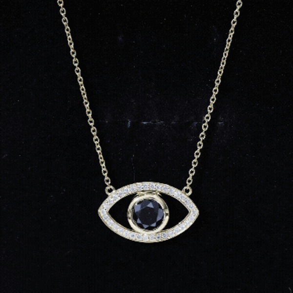 Natural 1.6 Carat Black Diamond Evil Eye Pendant in yellow gold plated silver, featuring a detailed evil eye design.