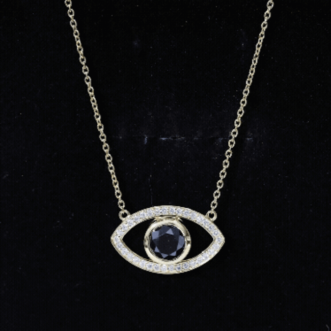 Natural 1.6 Carat Black Diamond Evil Eye Pendant in yellow gold plated silver, featuring a detailed evil eye design.