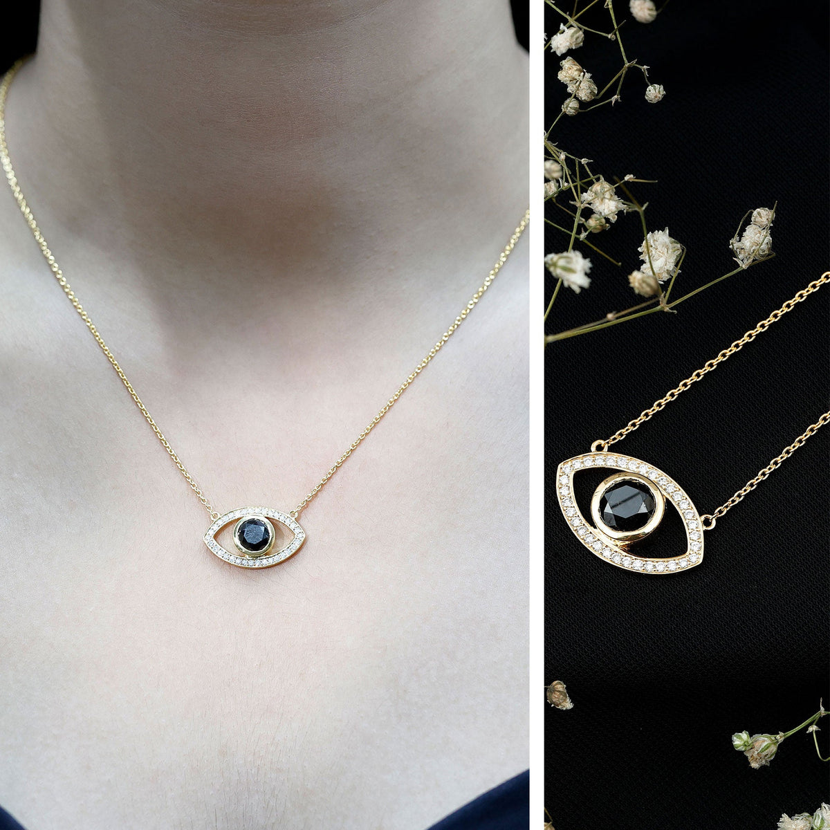 Natural 1.6 carat black diamond evil eye pendant in yellow gold plated silver, showcasing a detailed pendant with a protective evil eye design.