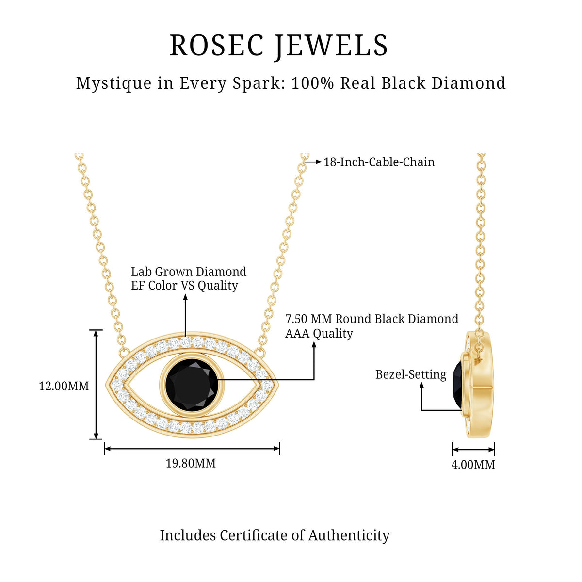 Natural 1.6 carat black diamond evil eye pendant in yellow gold plated silver, showcasing intricate design and sparkling black diamonds.