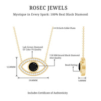 Natural 1.6 carat black diamond evil eye pendant in yellow gold plated silver, showcasing intricate design and sparkling black diamonds.
