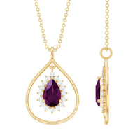 Rhodolite garnet and diamond teardrop pendant necklace with silver chain from Rosec Jewels, showcasing elegant gemstone and sparkling accents.