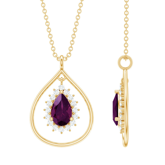 Rhodolite garnet and diamond teardrop pendant necklace with silver chain from Rosec Jewels, showcasing elegant gemstone and sparkling accents.