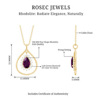 Rhodolite garnet and diamond teardrop pendant necklace with silver chain from Rosec Jewels, featuring a elegant teardrop gemstone design.