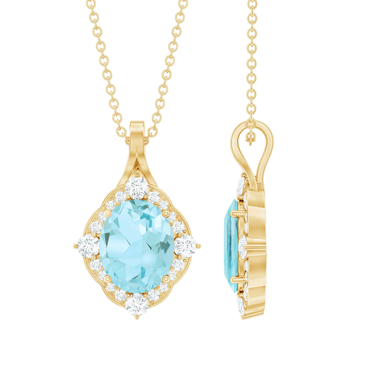 Vintage Sky Blue Topaz diamond halo pendant necklace by Rosec Jewels, featuring a sparkling blue gemstone surrounded by a diamond halo.