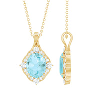 Vintage Sky Blue Topaz diamond halo pendant necklace by Rosec Jewels, featuring a sparkling blue gemstone surrounded by a diamond halo.