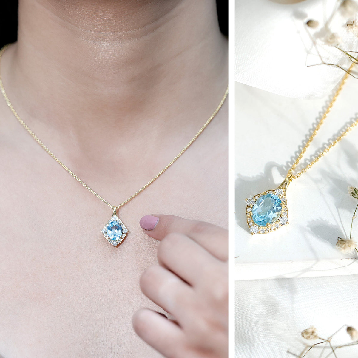 Vintage sky blue topaz diamond halo pendant necklace from Rosec Jewels, featuring a sparkling gemstone and elegant setting.