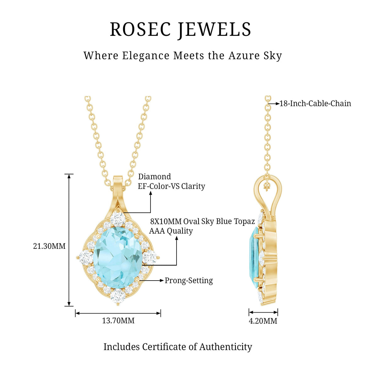 Vintage sky blue topaz pendant necklace with diamond halo from Rosec Jewels, featuring a delicate chain and intricate design.