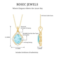 Vintage sky blue topaz pendant necklace with diamond halo from Rosec Jewels, featuring a delicate chain and intricate design.