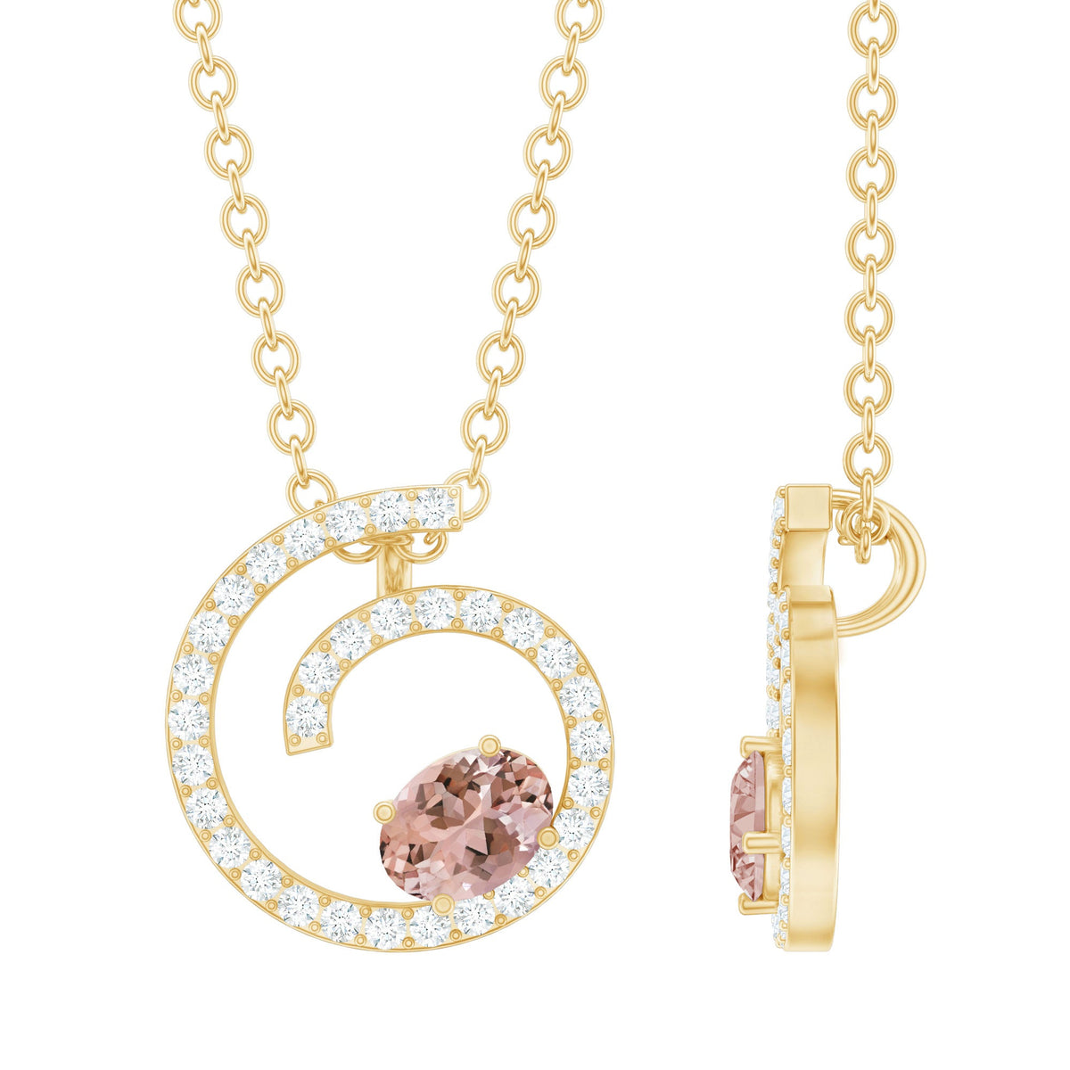 Yellow gold plated silver Morganite swirl pendant necklace with lab diamond accents, elegant jewelry piece from Rosec Jewels.