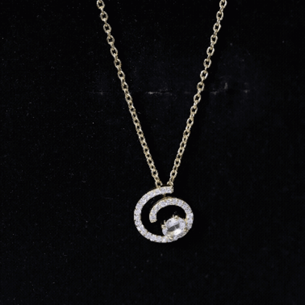 Yellow gold plated silver Morganite swirl pendant necklace with lab diamonds by Rosec Jewels.