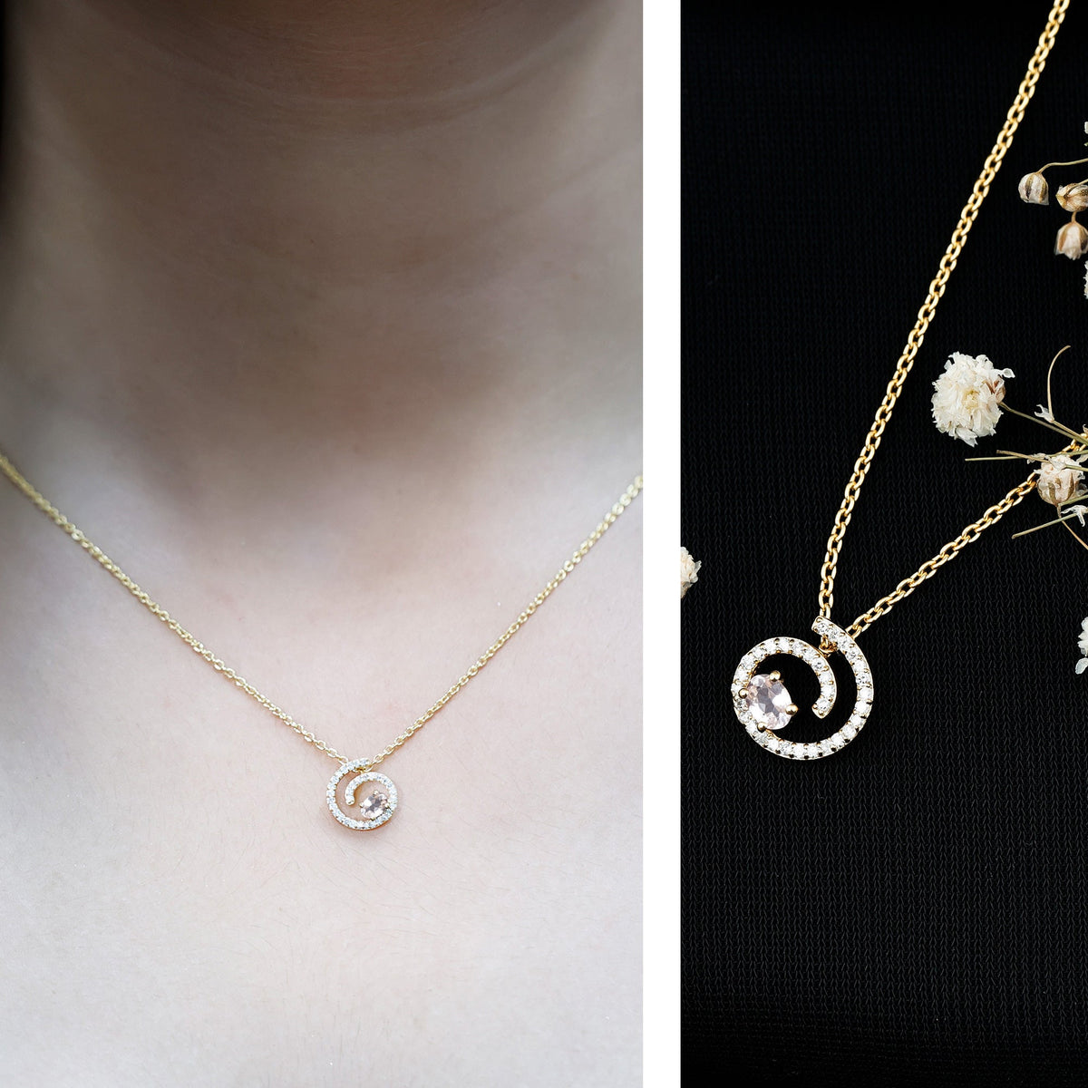 Yellow gold plated silver Morganite swirl pendant necklace with lab diamond, featuring elegant design from Rosec Jewels.