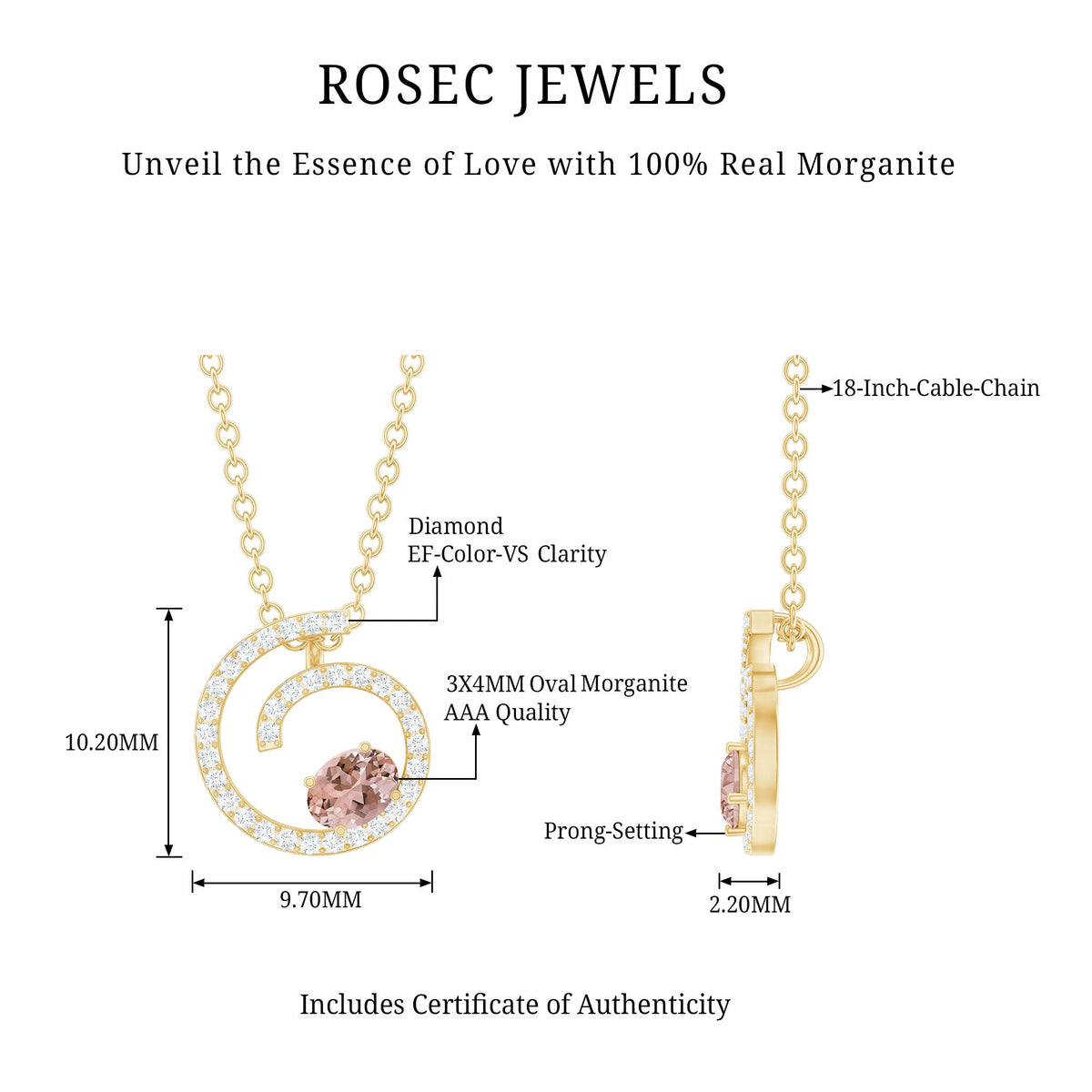 Yellow gold plated silver Morganite swirl pendant with lab diamond, showcasing elegant jewelry design by Rosec Jewels.