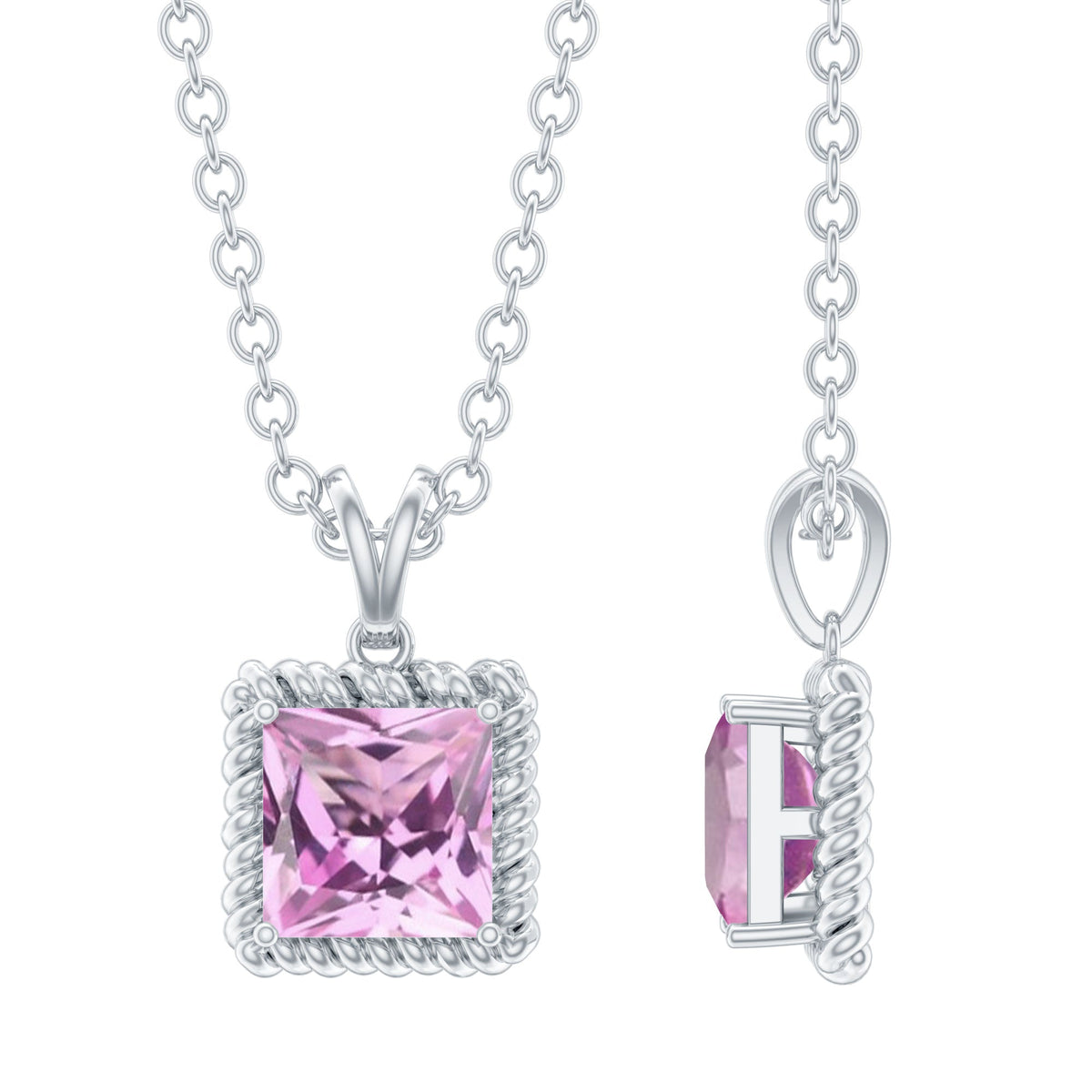 Rosec Jewels pink sapphire solitaire pendant with princess cut pink sapphire and chain, elegant jewelry accessory.