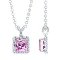Rosec Jewels pink sapphire solitaire pendant with princess cut pink sapphire and chain, elegant jewelry accessory.