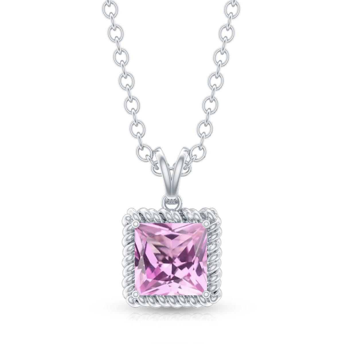 Natural pink sapphire princess cut solitaire pendant with chain by Rosec Jewels, featuring a sparkling pink sapphire gemstone and silver chain.