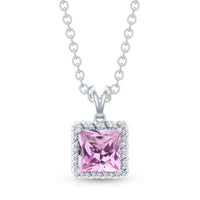 Natural pink sapphire princess cut solitaire pendant with chain by Rosec Jewels, featuring a sparkling pink sapphire gemstone and silver chain.