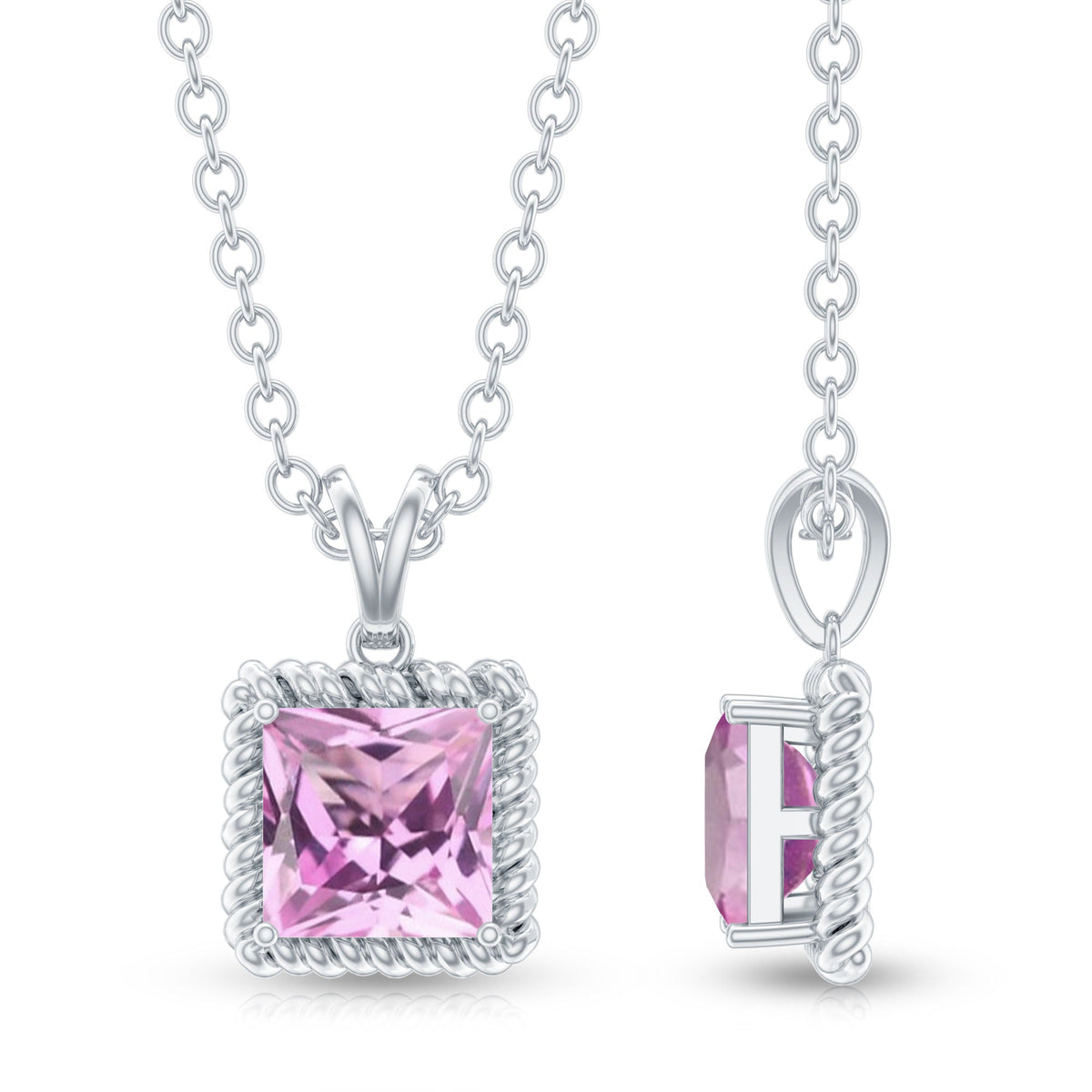 Pink sapphire solitaire pendant with chain, featuring a princess cut pink sapphire gemstone, by Rosec Jewels.