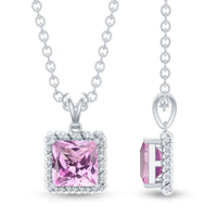Pink sapphire solitaire pendant with chain, featuring a princess cut pink sapphire gemstone, by Rosec Jewels.