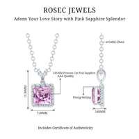 Natural princess cut pink sapphire solitaire pendant with chain by Rosec Jewels, showcasing the elegant pink sapphire gemstone.