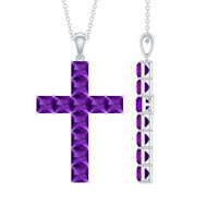 Princess cut amethyst cross pendant necklace with silver chain, featuring a Rosec Jewels pendant design.