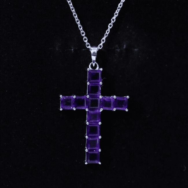 Princess cut amethyst cross pendant necklace with silver chain from Rosec Jewels, featuring a sparkling purple gemstone cross design.