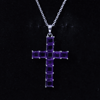 Princess cut amethyst cross pendant necklace with silver chain from Rosec Jewels, featuring a sparkling purple gemstone cross design.
