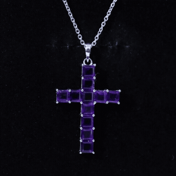 Princess cut amethyst cross pendant necklace with silver chain from Rosec Jewels, featuring a sparkling purple gemstone cross design.