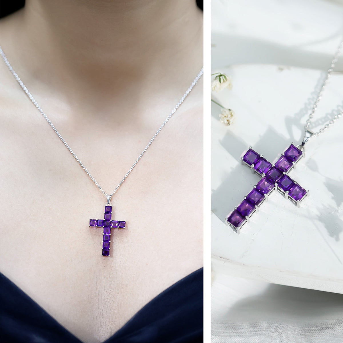 Princess cut amethyst cross pendant necklace with a silver chain from Rosec Jewels, featuring a sparkling purple gemstone.