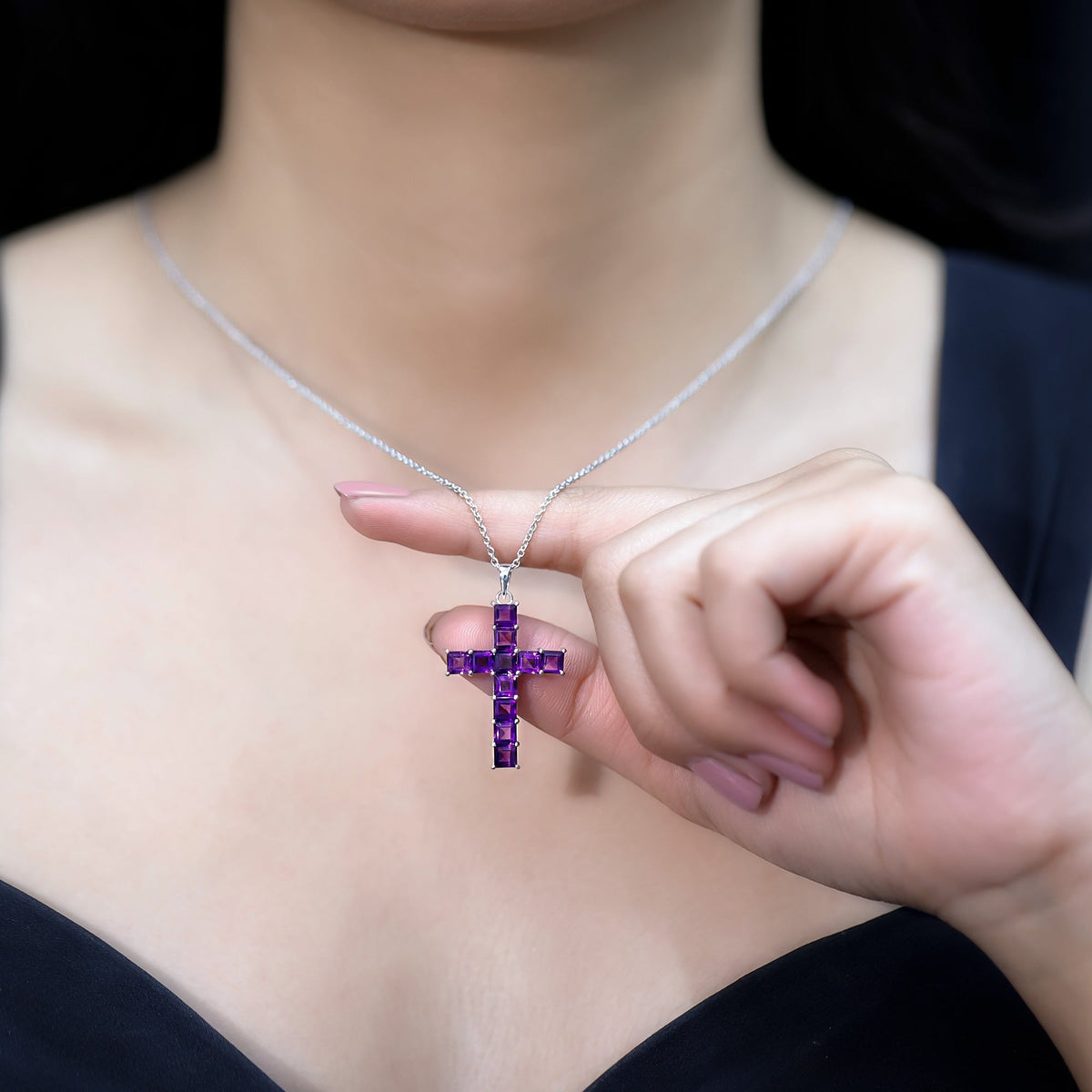 Princess cut amethyst cross pendant necklace with silver chain, featuring a Rosec Jewels pendant on a sleek silver chain.