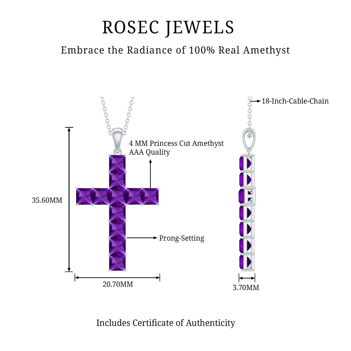 Princess cut amethyst cross pendant necklace on silver chain by Rosec Jewels, showcasing a sparkling purple gemstone cross design.
