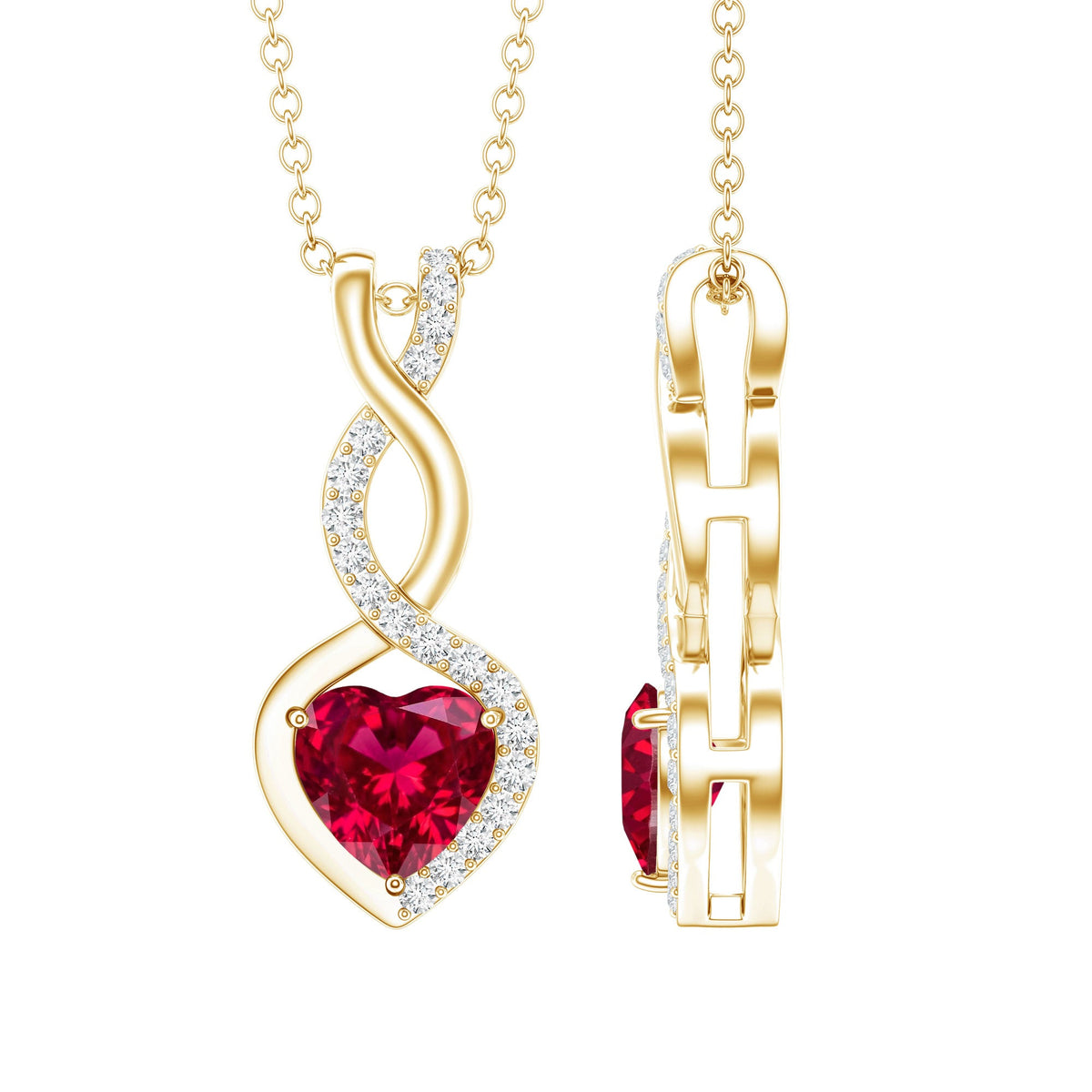 Lab grown ruby heart and infinity pendant on silver chain, 1 carat, 14k yellow gold-plated Rosec Jewels necklace.