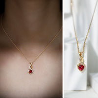 Lab grown ruby heart and infinity pendant on silver chain, 1 carat, 14k yellow gold-plated design by Rosec Jewels.