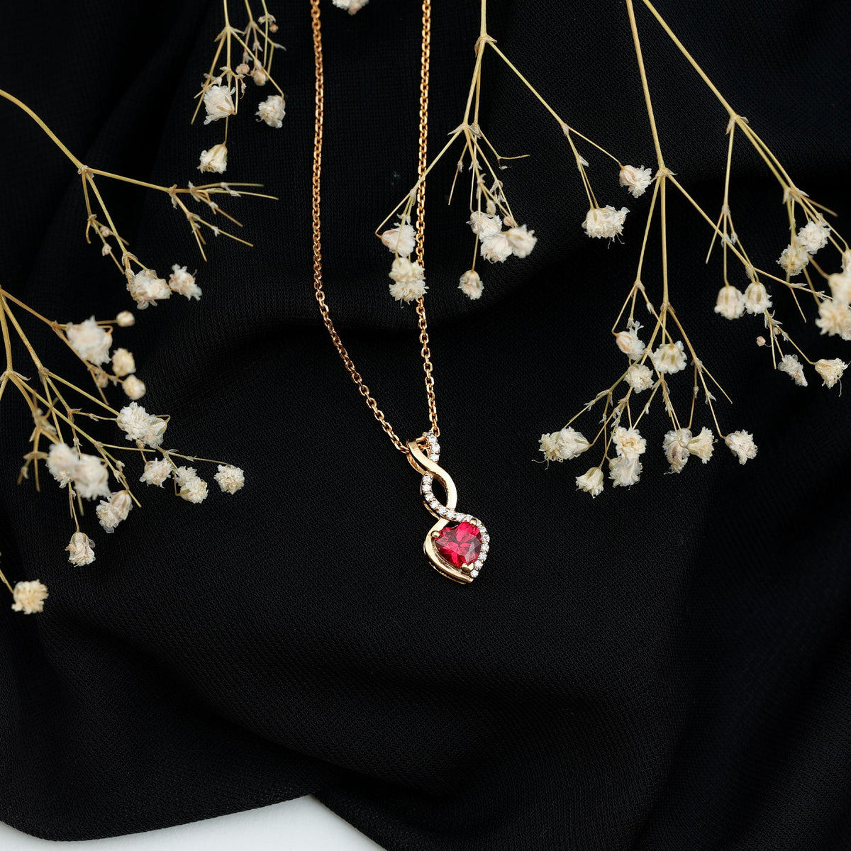 Lab grown ruby heart and infinity pendant on silver chain, 1 carat Rosec Jewels jewelry, gold-plated sterling silver necklace.