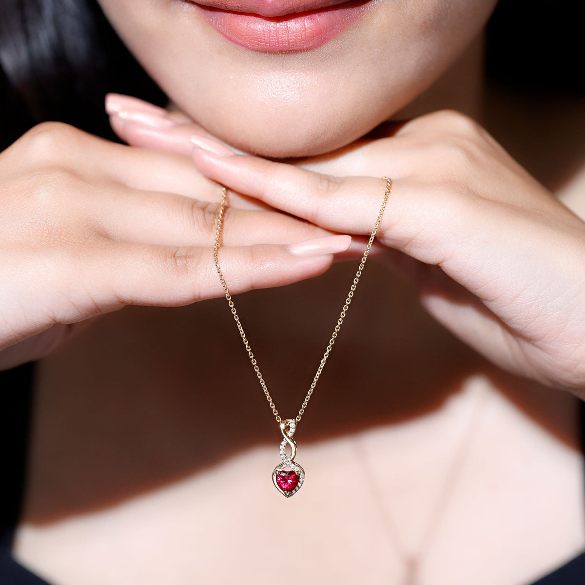 Lab-grown ruby heart and infinity pendant on silver chain by Rosec Jewels, 1 carat, gold-plated silver jewelry.