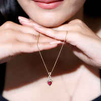 Lab-grown ruby heart and infinity pendant on silver chain by Rosec Jewels, 1 carat, gold-plated silver jewelry.