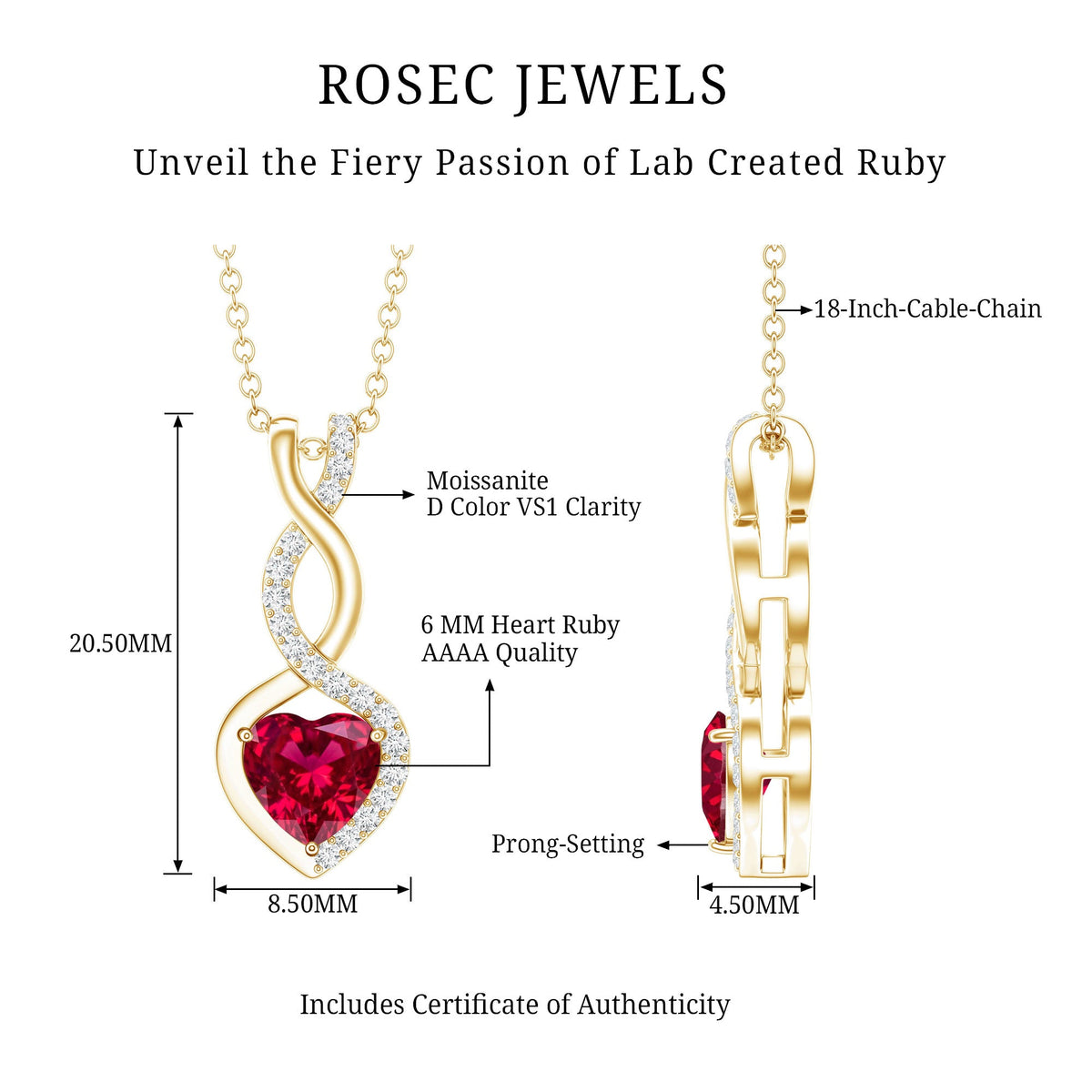 Lab-grown ruby heart and infinity pendant on silver chain, 1 carat Rosec Jewels pendant in 14k yellow gold-plated silver.