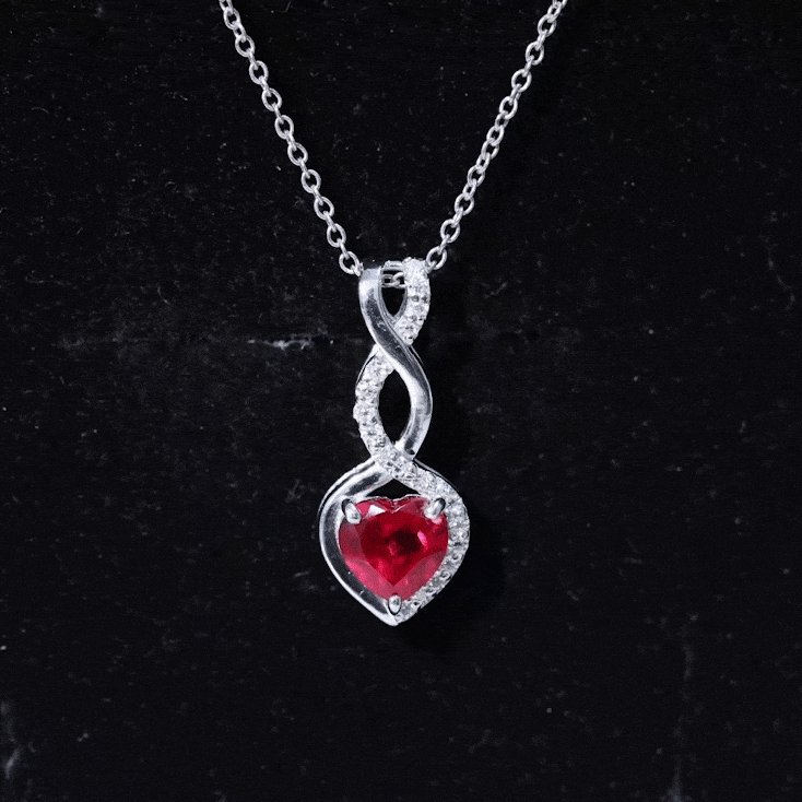Lab grown ruby heart and infinity pendant necklace on silver chain, 14k yellow gold-plated Rosec Jewels jewelry.